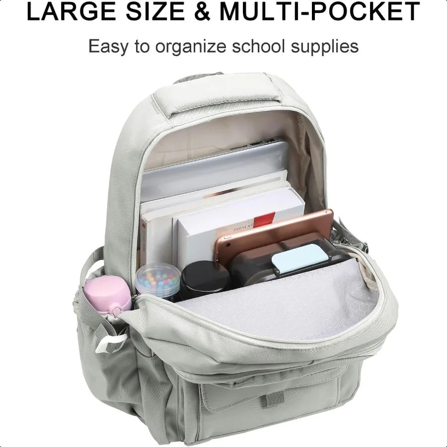 Aesthetic School Backpack for Teens & College – Beige Laptop Bookbag for Girls & Boys