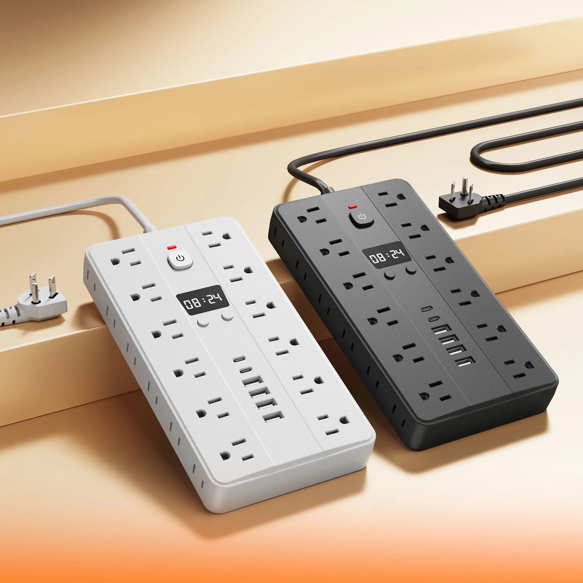 31-in-1 Multifunctional Power Socket – 3-Sided Power Strip with Time Display, 24 AC Outlets, 6 USB Ports & 2 USB-C Fast Charging Ports