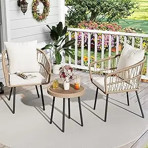 “3-Piece Outdoor Wicker Patio Bistro Set – All-Weather Rattan Conversation Furniture with Cushions & Table for Balcony, Porch, or Garden”