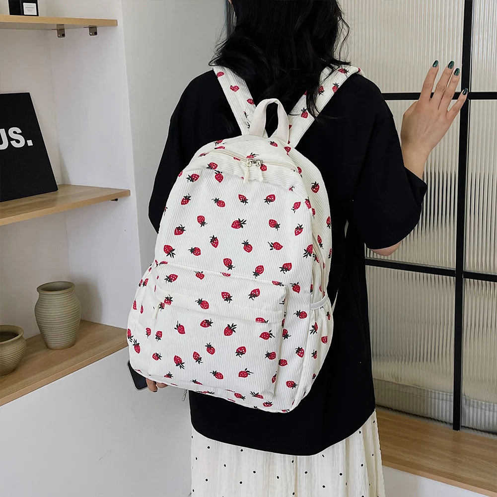 Corduroy Strawberry Graphic Backpack – Casual Large Capacity Travel Daypack