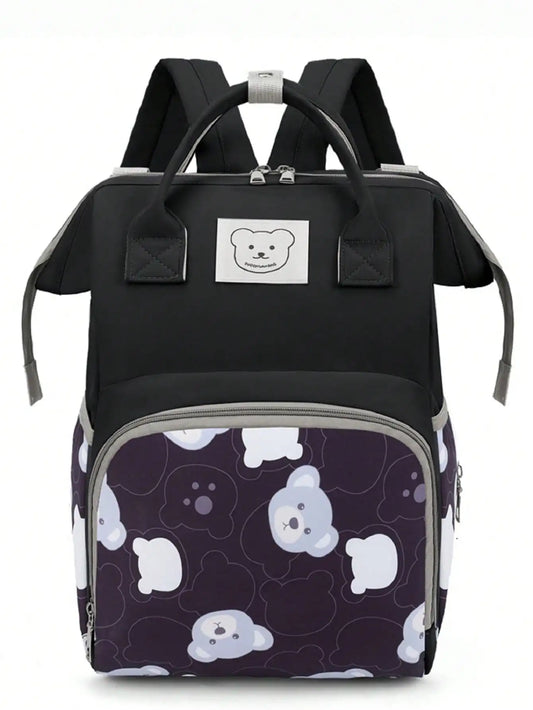 Bear Print Diaper Bag Backpack – Large Capacity Fashion Mommy Bag with Insulated Pockets | Stylish Diaper Backpack for Mom & Dad