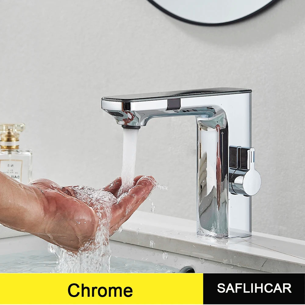 Premium Smart Touchless Dual-Sensor Bathroom Faucet with Hot/Cold Mixer – White Deck-Mount Basin Tap