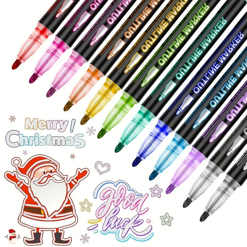 Metallic Double Line Pens Set (12 / 24 / 36 Colors) – Decorative Outline Pens for Scrapbooking & Card Writing