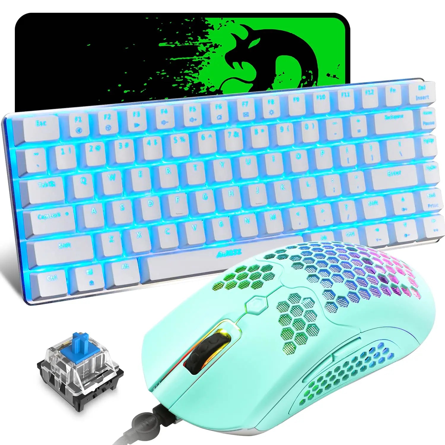 80% Mechanical Gaming Keyboard & Mouse Combo – Rainbow Backlit Keyboard with 12,000 DPI Honeycomb Gaming Mouse & Mousepad