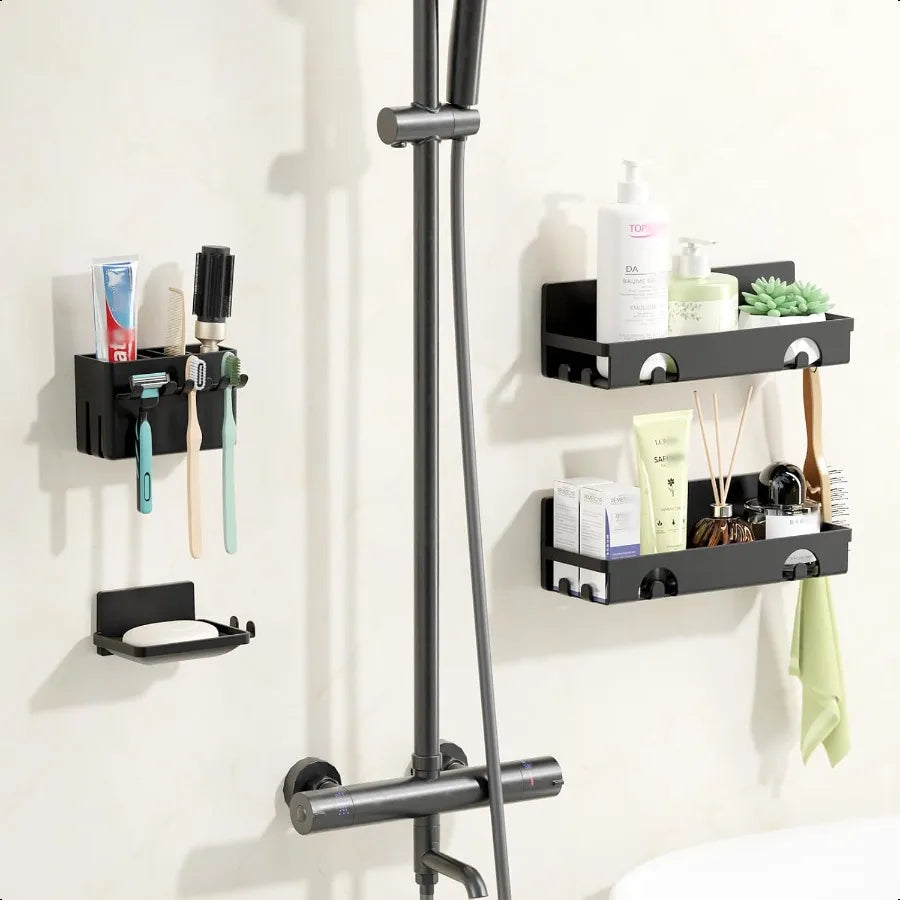 4-Pack No-Drill Plastic Corner Shower Caddy Set – Wall-Mount Organizer with Toothbrush Holder & Soap Dish, Black