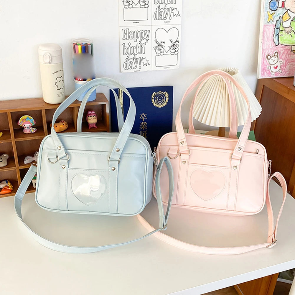 Women’s Transparent Love-Heart Satchel – Adjustable Strap PU Crossbody Bag