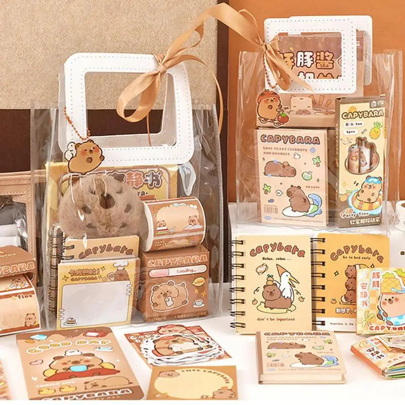 Capybara Cartoon Stationery Set – Complete Kit with Stickers, Notepads & Plush Pendants