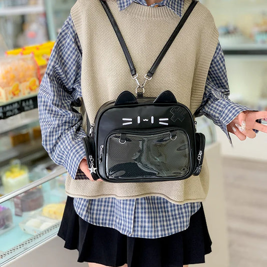 Cute Cat PU Crossbody Bag — Adjustable Strap Shoulder Purse with Clear Pocket for Women & Girls