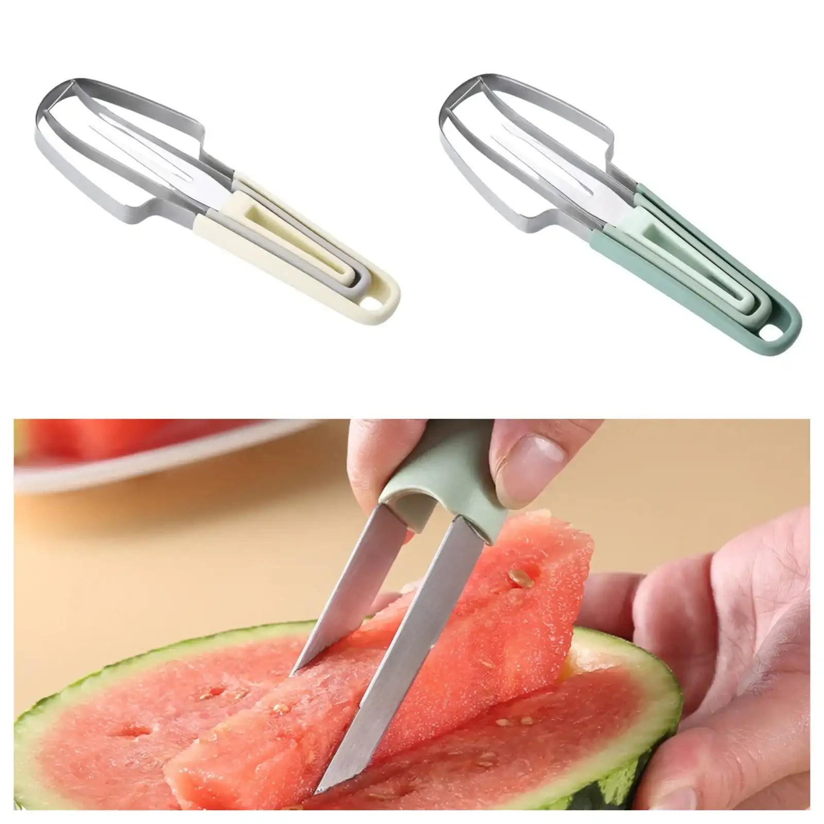 “3-in-1 Stainless Steel Watermelon Fork, Slicer & Cutter – Easy Melon Cube Tool for Camping & Kitchen”