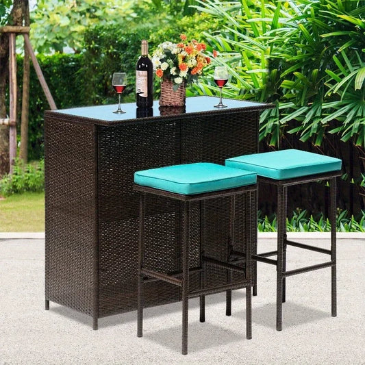 “3-Piece Outdoor Bar Set – Wicker Counter-Height Table with 2 Stools & Solid Frame for Patio, Terrace & Balcony”