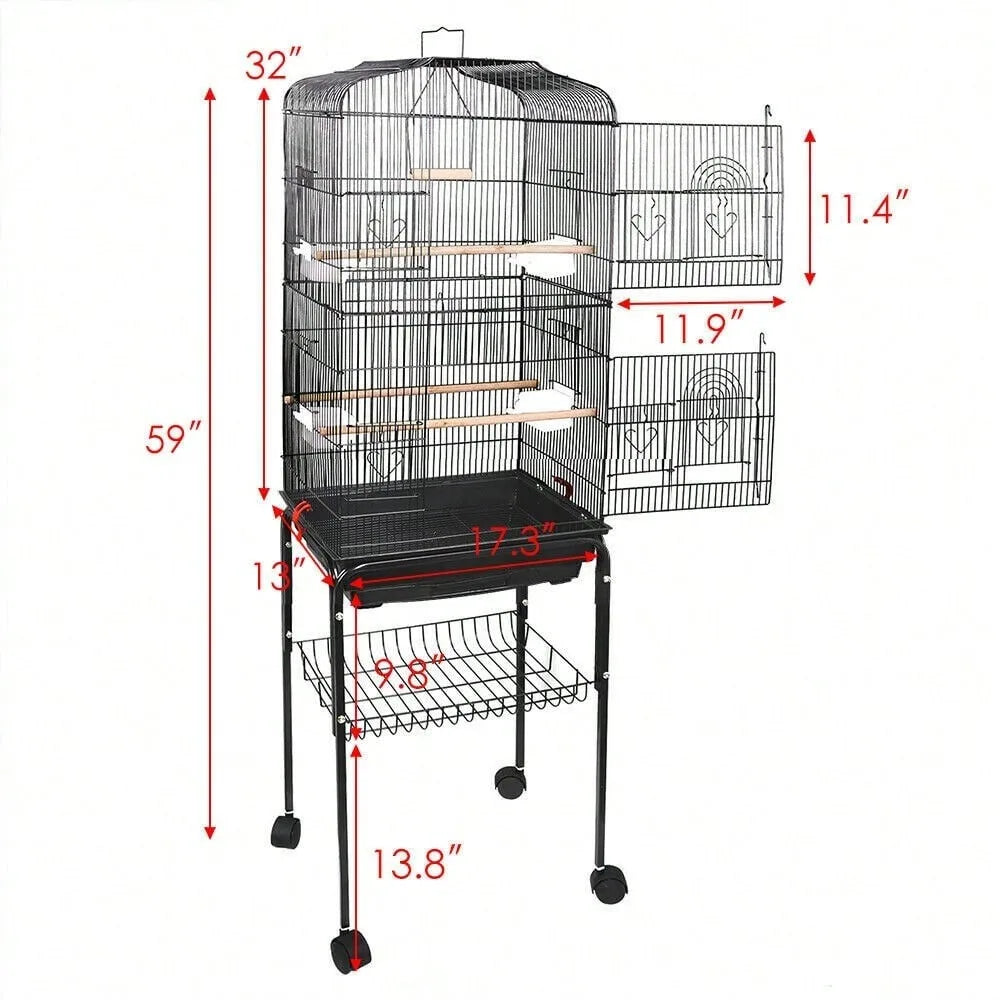 59" Rolling Bird Cage – Spacious Home with Stand & Pull-Out Tray for Cockatiels, Parakeets, Finches & Canaries