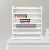 📂 7-Tier White Wooden Desktop Organizer – Office Document Rack & File Storage Shelf for Home, School & Classroom
