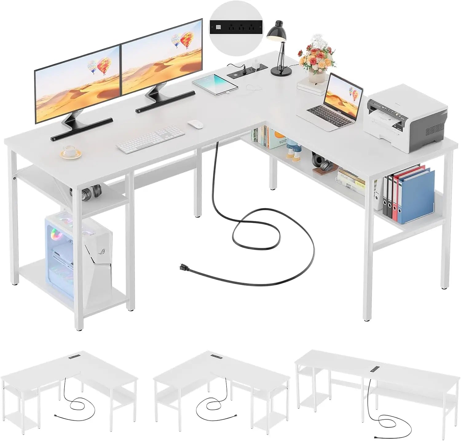 Modern L-Shaped Desk with LED Lights & Power Outlet – Reversible Corner Computer Table with Monitor Stand & Storage Shelf