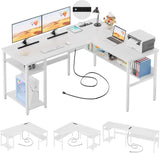 Modern L-Shaped Desk with LED Lights & Power Outlet – Reversible Corner Computer Table with Monitor Stand & Storage Shelf