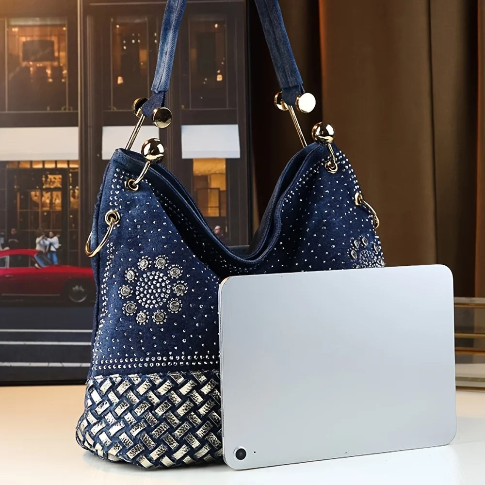 Large Capacity Woven Diamond-Embellished Tote Bag – Personalized Gradient Handbag for Women