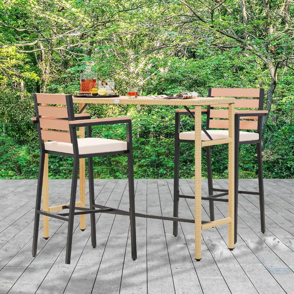 “3-Piece Patio Bar Table Set – Wicker Bar-Height Bistro Furniture with Table & Cushioned Chairs for Garden & Outdoor Spaces”