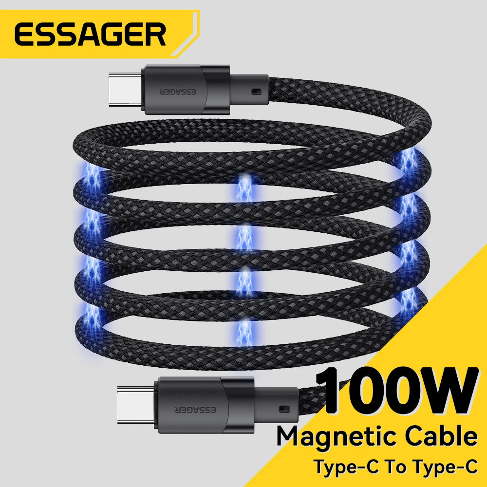 Essager USB-C to USB-C Magnetic Fast Charger Cable – 100W/65W Type-C Data & Charging Wire for iPhone 15, Samsung & Laptops