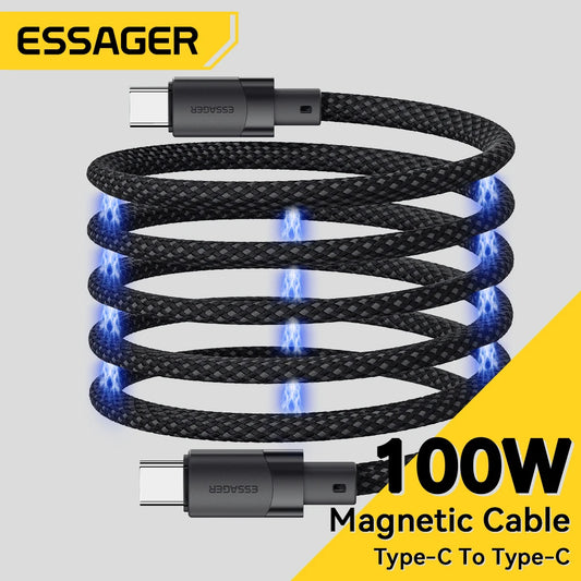 Essager USB-C to USB-C Magnetic Fast Charger Cable – 100W/65W Type-C Data & Charging Wire for iPhone 15, Samsung & Laptops