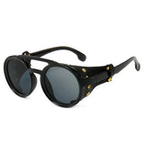 Steampunk Shield Sunglasses – Classic Round Retro Shades with Side Leather Panels & UV400 Protection (Unisex)