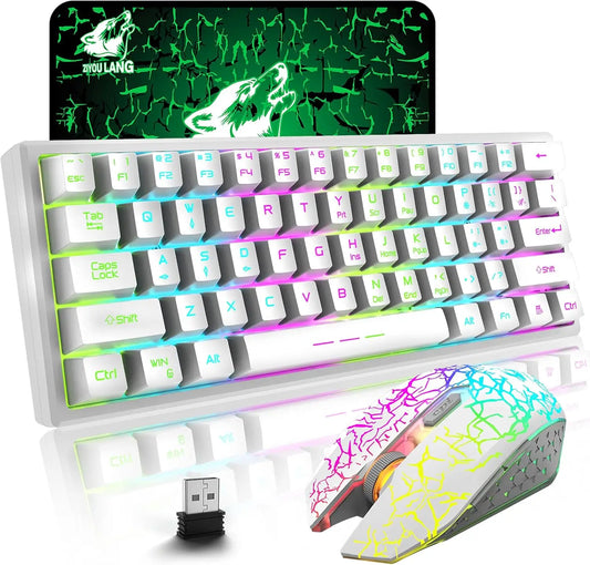 T61 Wireless Gaming Keyboard & Mouse Combo – 61-Key Ergonomic Rainbow LED Backlit Set with 4000mAh Battery & Mouse Pad