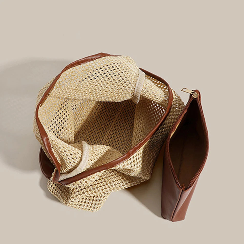 Straw Woven Tote Bag for Women – Magnetic Closure Shoulder Bag with PU Purse, Beach & Travel Clutch Combo