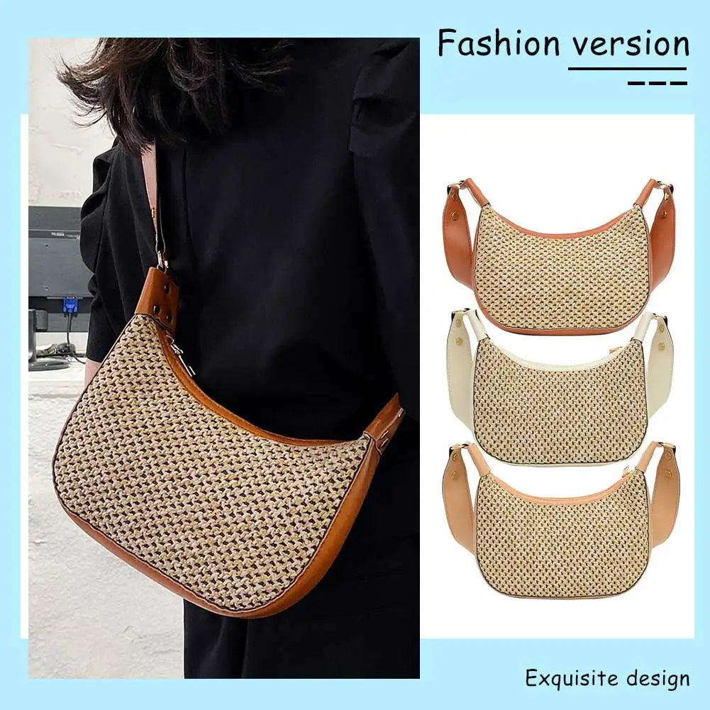 Breathable Summer Straw Crossbody Bag for Women – Fashion Woven Satchel with Zipper Closure
