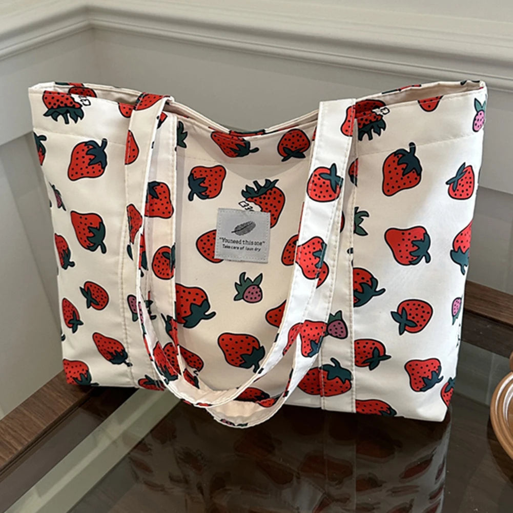 Cherry & Strawberry Print Large Capacity Canvas Tote – Nylon Top-Handle Shoulder Bag