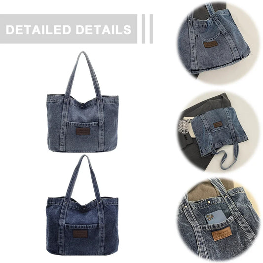 Women’s Large Denim Shoulder Bag – Trendy Tote Handbag with Spacious Capacity for Shopping & Daily Commute 👜💙