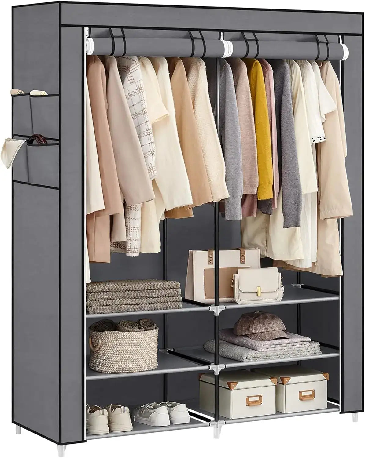 Portable Wardrobe Closet with Shoe Rack & Cover – Clothes Storage Organizer with Shelves & Side Pockets