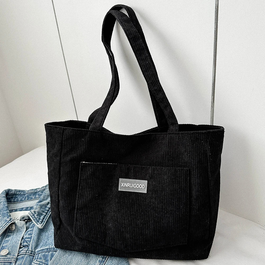 Women’s Corduroy Tote Bag with Pockets – Large-Capacity Shoulder Handbag for School, Work & Shopping