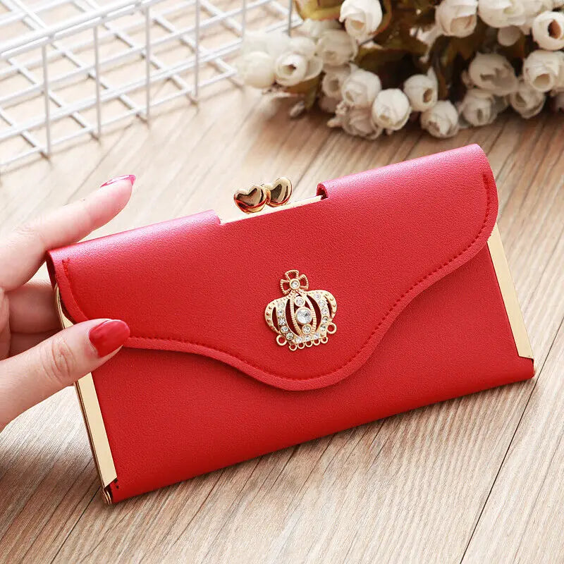 Women’s Crown Style Long Wallet – Elegant PU Leather Hasp & Zipper Clutch with Coin Pocket, Card Holder & Portable Design