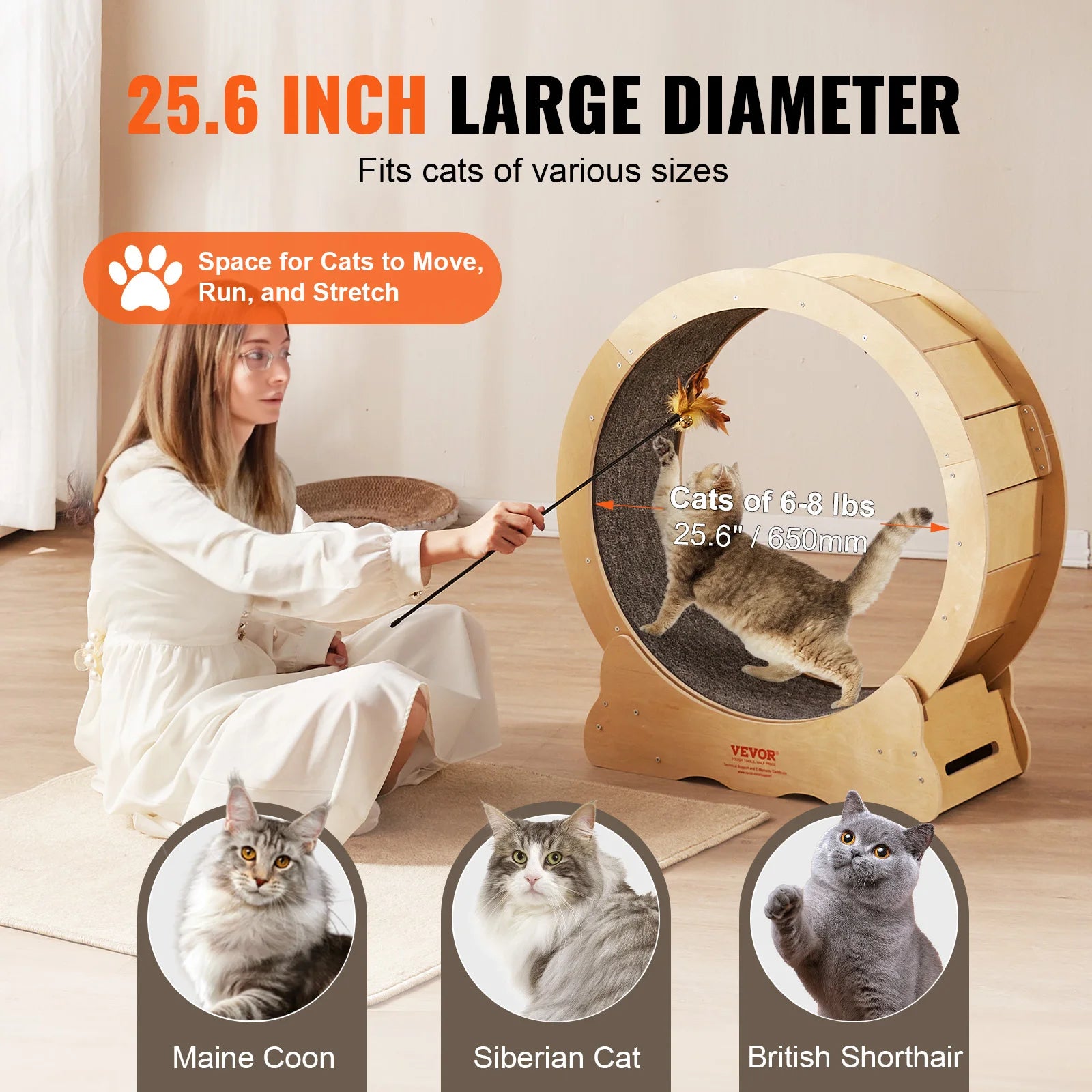 VEVOR Cat Exercise Wheel – Natural Wood Silent Running Treadmill with Detachable Carpet, Roller Wheel for Pet Fitness (