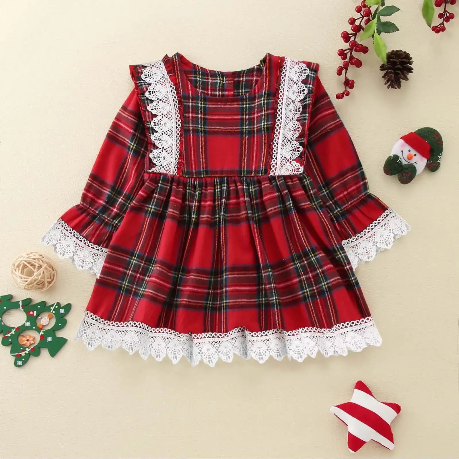 Red Plaid Lace & Ruffle Long-Sleeve Tutu Party Dress for Baby Girls – Christmas Outfit