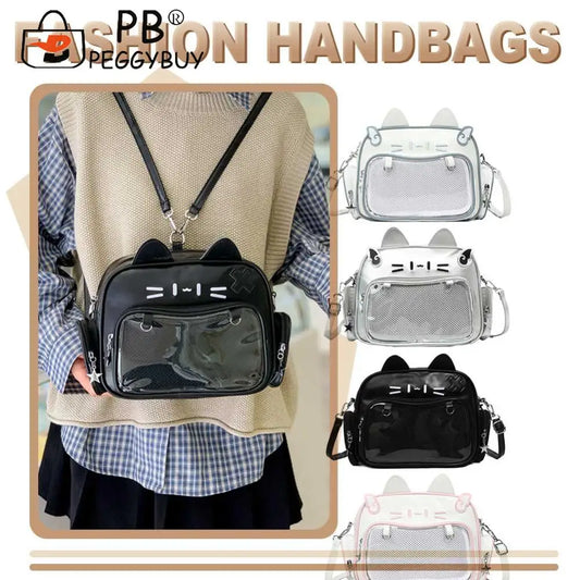 Cute Cat PU Crossbody Bag — Adjustable Strap Shoulder Purse with Clear Pocket for Women & Girls