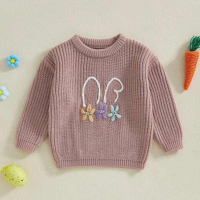 Toddler Kids Bunny Embroidered Long-Sleeve Knit Sweater – Easter Casual Jumper for Girls & Boys