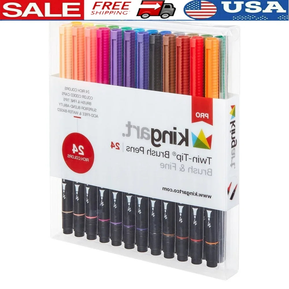 Pro Twin Tip Brush Pens Set – 24 Vibrant Water-Based Colors for Lettering, Sketching & Illustration