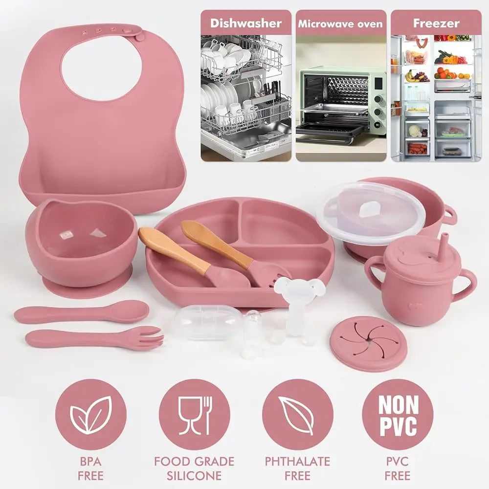 Silicone Baby Feeding Set – 15 Pcs Baby Weaning Essentials with Suction Bowl, Divided Plate, Bib, Cup, Spoons & Teething Toys