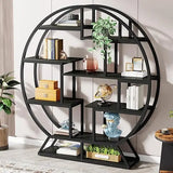 Round Industrial Etagere Bookcase – 63″ Tall with 14 Staggered Display Shelves & Metal Frame