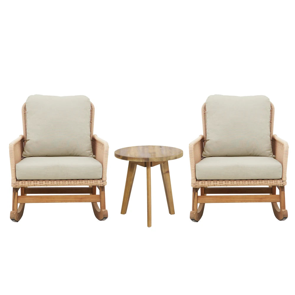 “3-Piece Modern Outdoor Seating Set – Beige Cushioned PE Rattan Rocking Chairs with Wooden Accent Table”