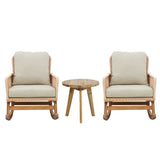 “3-Piece Modern Outdoor Seating Set – Beige Cushioned PE Rattan Rocking Chairs with Wooden Accent Table”