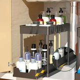 2-Tier Sliding Under-Sink Organizer with Hooks & Hanging Cup – Cabinet Storage Rack for Bathroom & Kitchen