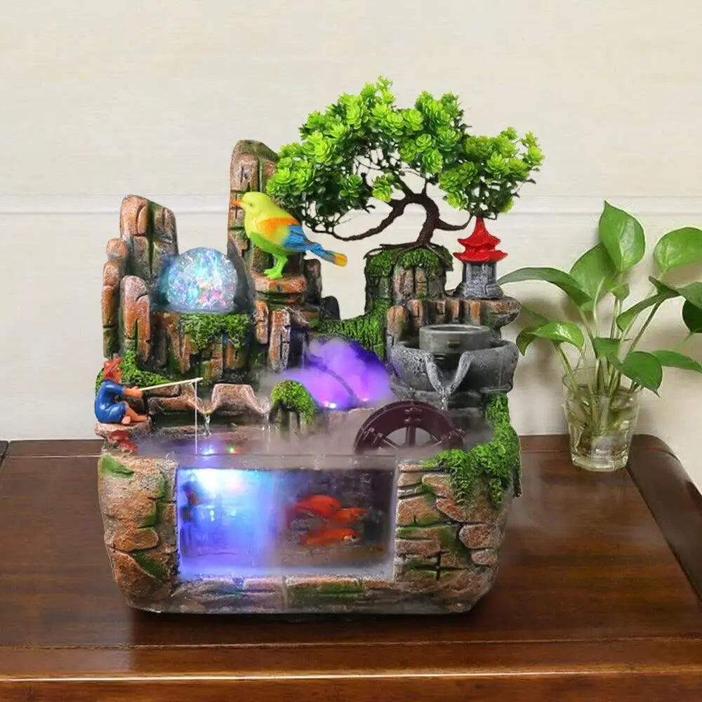 Mini Indoor Rockery Tabletop Waterfall Fountain with Mist & LED Lights – Cascading Water Feature for Home & Office