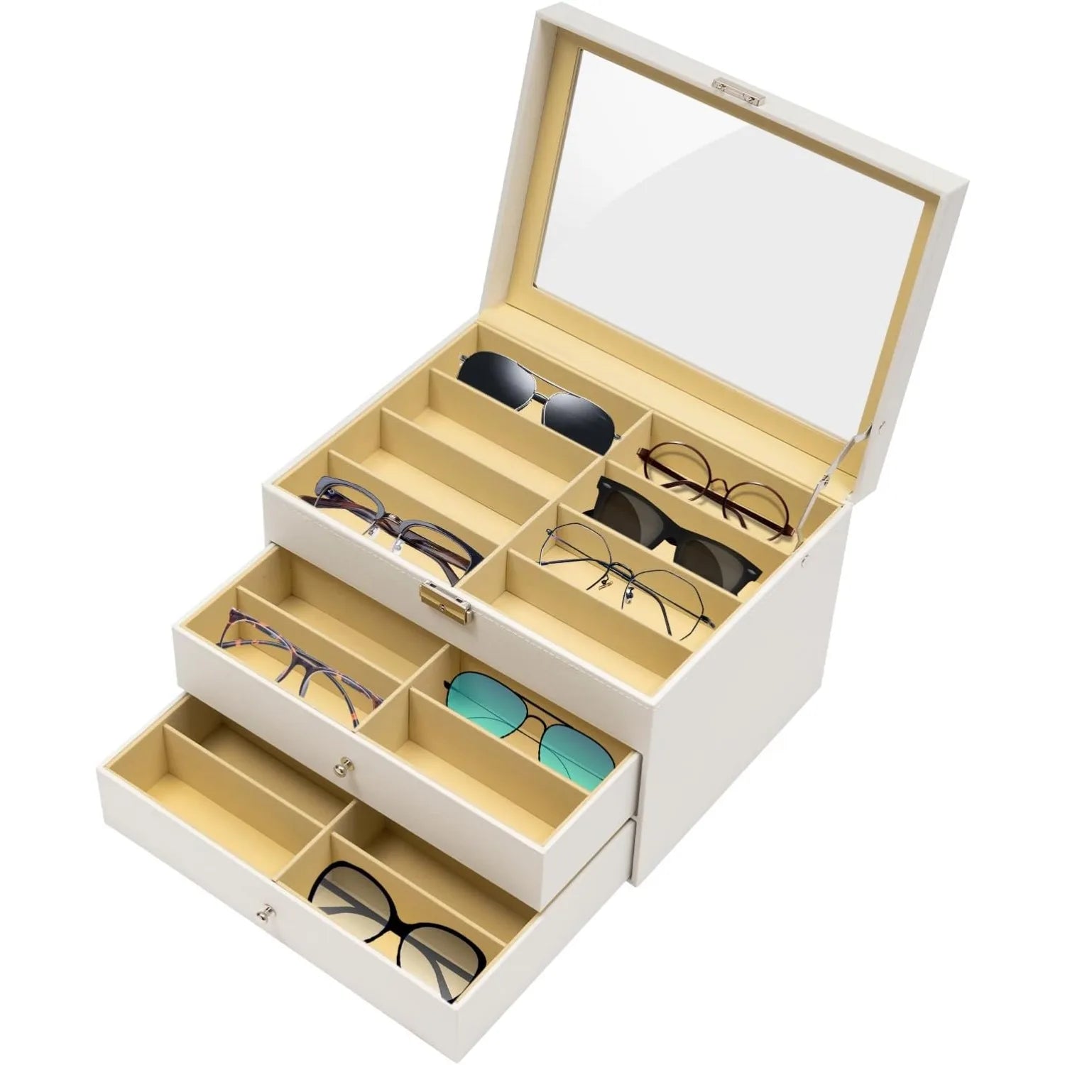 3-Layer Sunglasses Organizer Box – PU Leather Eyewear Storage Case with 24 Slots for Sunglasses & Eyeglasses Display