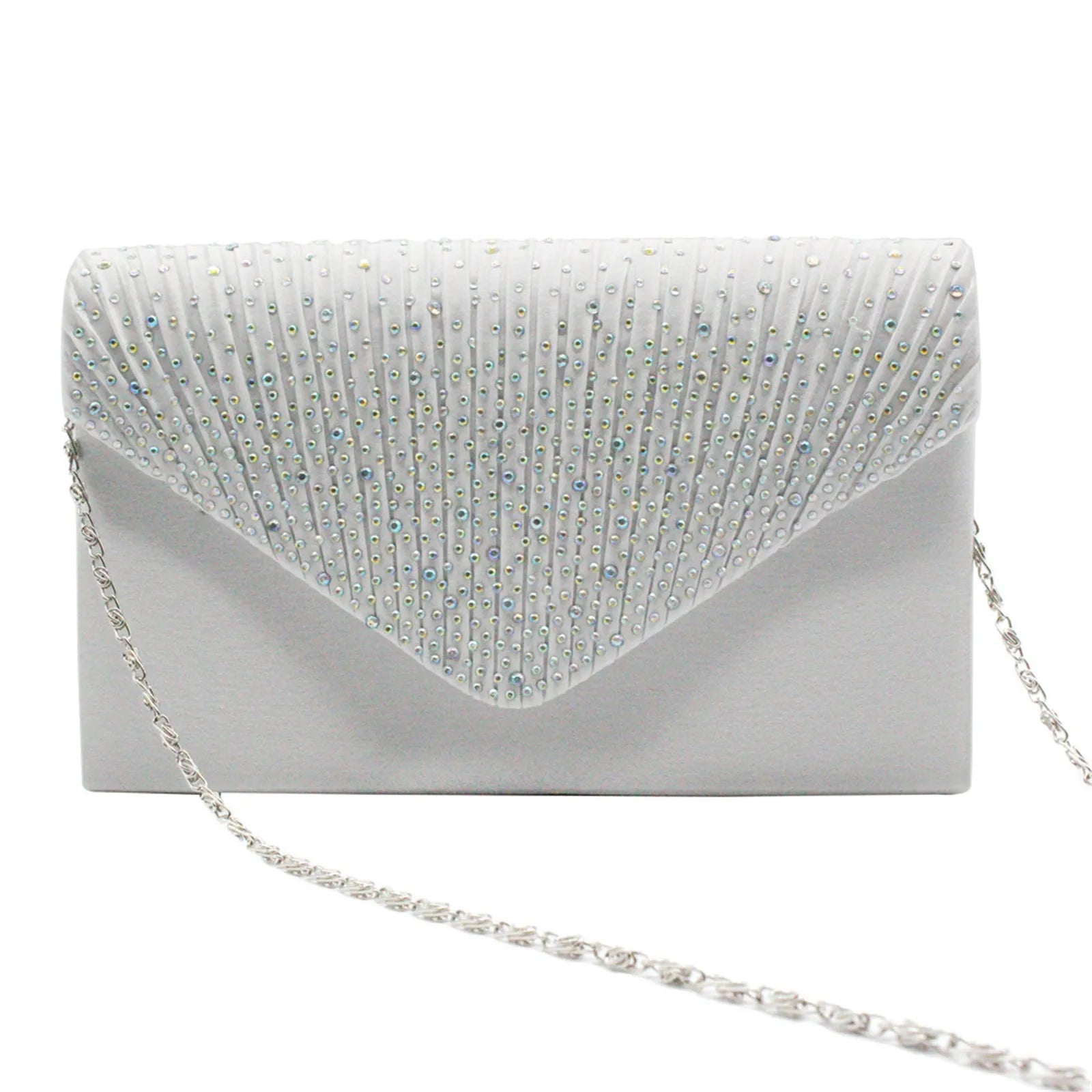 Women’s Satin Rhinestone Clutch – Elegant Evening Shoulder Bag with Thin Chain for Parties, Banquets & Weddings
