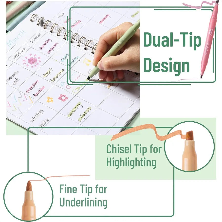 Cute Highlighter Pens – 8-Pack Dual Tip Vintage Color Markers with Fine & Chisel Tips 🌈