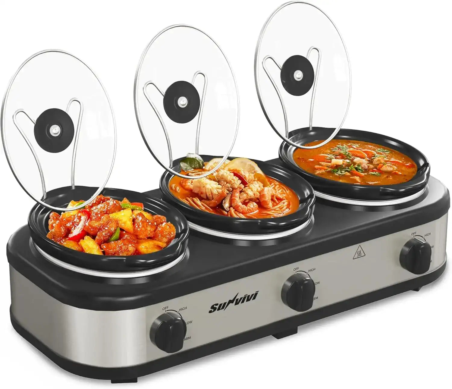 Triple Slow Cooker Buffet Server & Food Warmer – 3-Section Mini Pot with 3 Adjustable Temps & Glass Lids