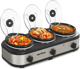 Triple Slow Cooker Buffet Server & Food Warmer – 3-Section Mini Pot with 3 Adjustable Temps & Glass Lids