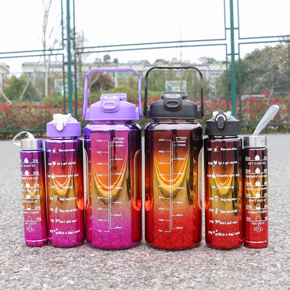 3PCS Leak-Proof Gradient Sports Water Bottles with Straws & Time Markers – Fitness, School & Office