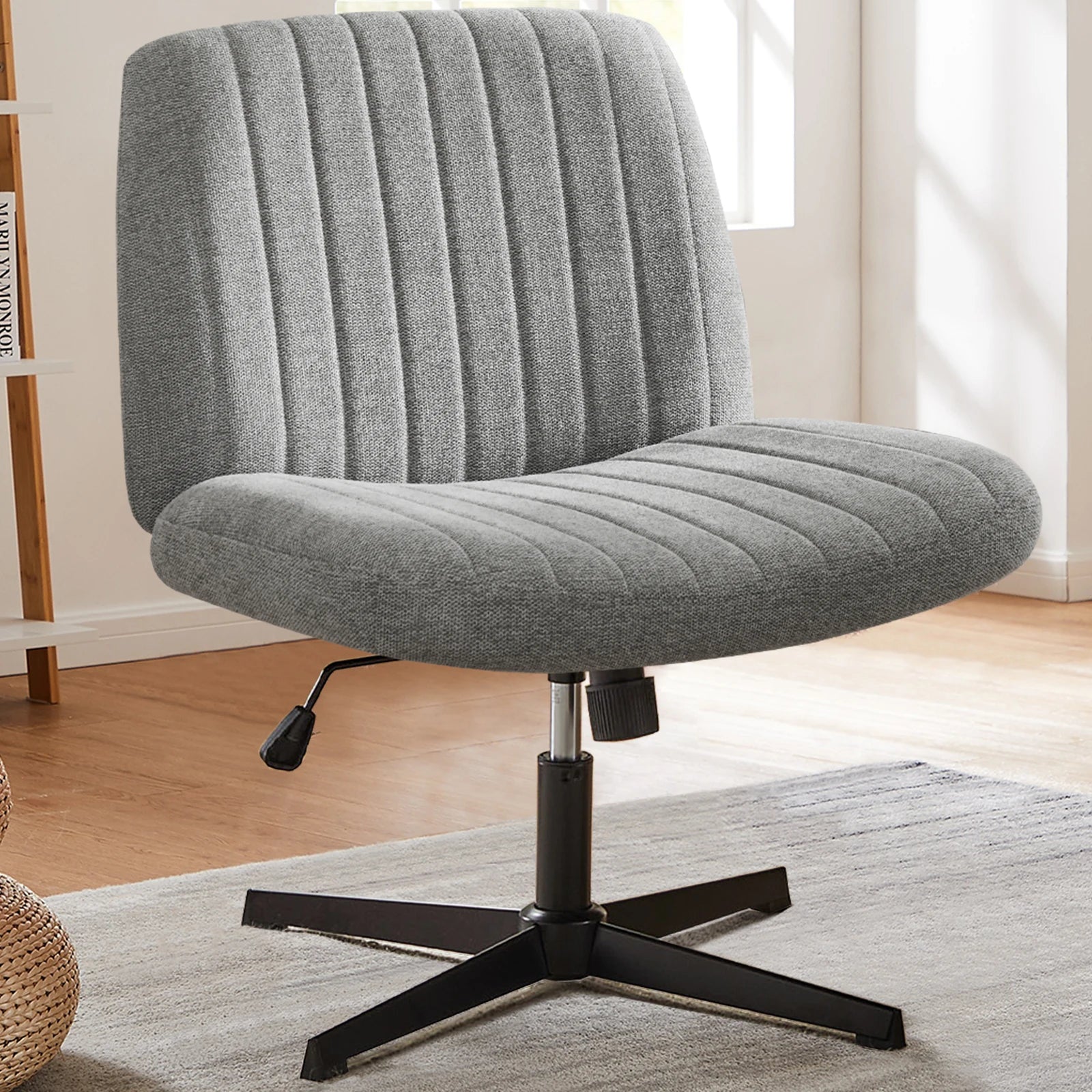 🪑 JHK Cross-Legged Rocking Gaming Chair – Armless Wide Fabric Swivel Task & Vanity Chair for Office & Living Room
