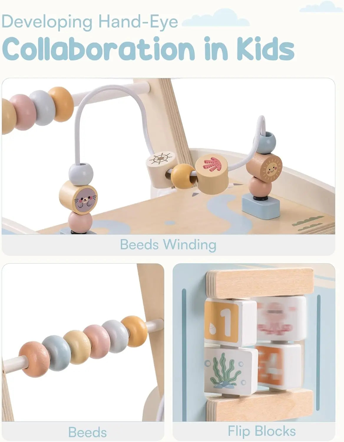 Robotime Robud Wooden Baby Walker – Multifunctional Push-Along Activity Toy with Wheels, Early Learning Gift for Boys & Girls